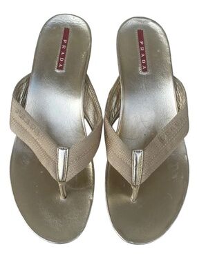PRADA Linea Rossa Gold Metallic Platform Wedge Sandal Flip Flop Y2K Size 8.5